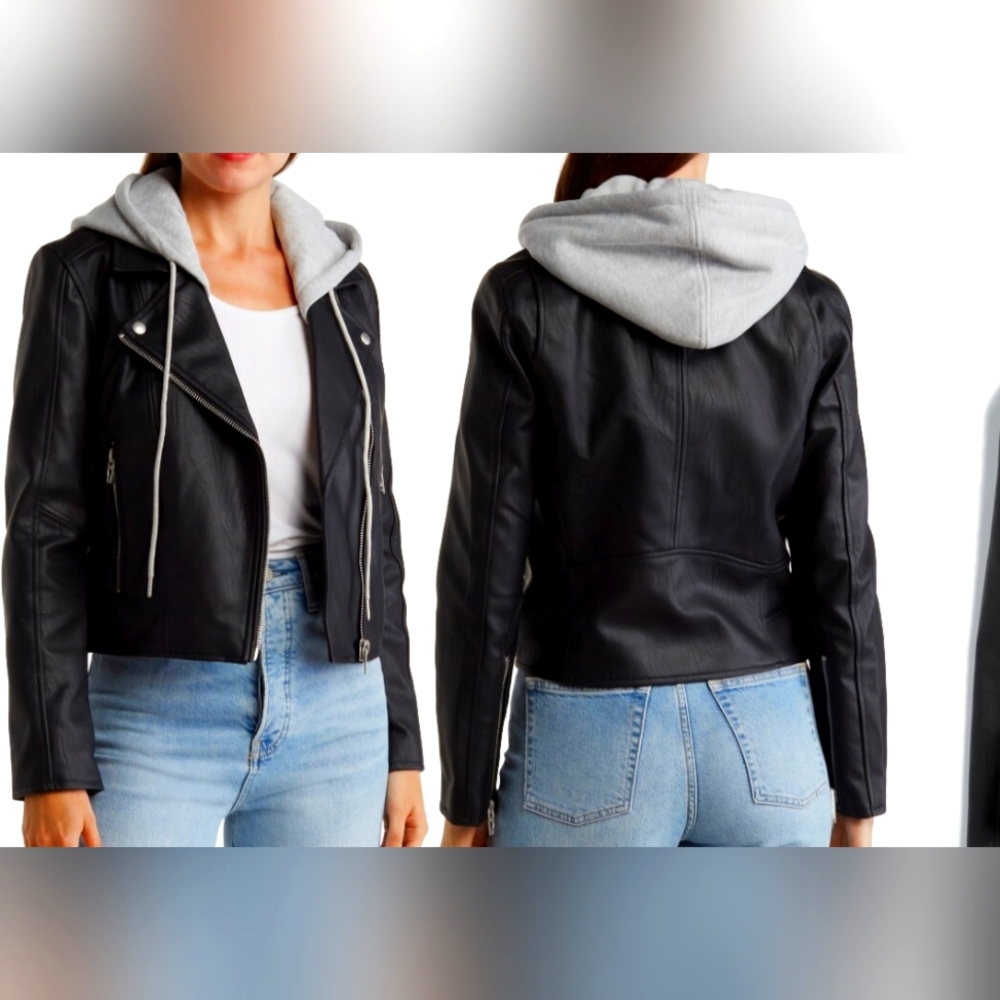 Blank NYC Black Faux Leather Hooded Crop Moto Jacket SZ. XS NWT